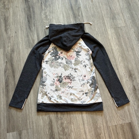 Vanilla Bay Floral Print Double Hoodie Sweater with Charcoal Sleeves - Picture 4 of 10